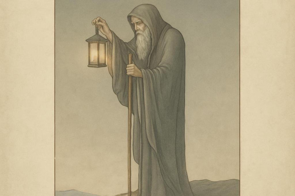 "un homme avec une longue barbe qui tient une lanterne dans sa main." (informal) rough translation: "a man with a long bea...