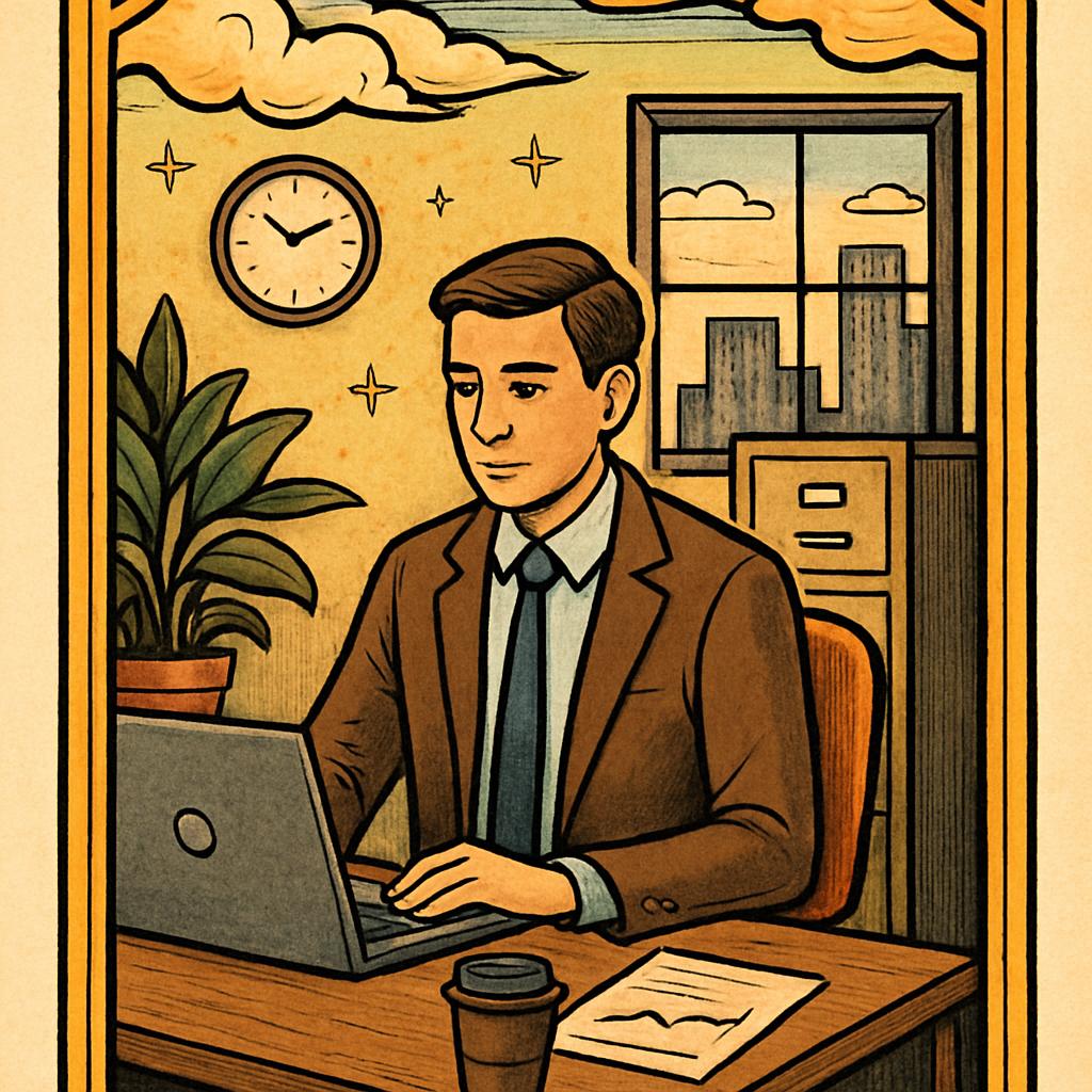 A man in a suit sits at a desk with a laptop, looking to the right.