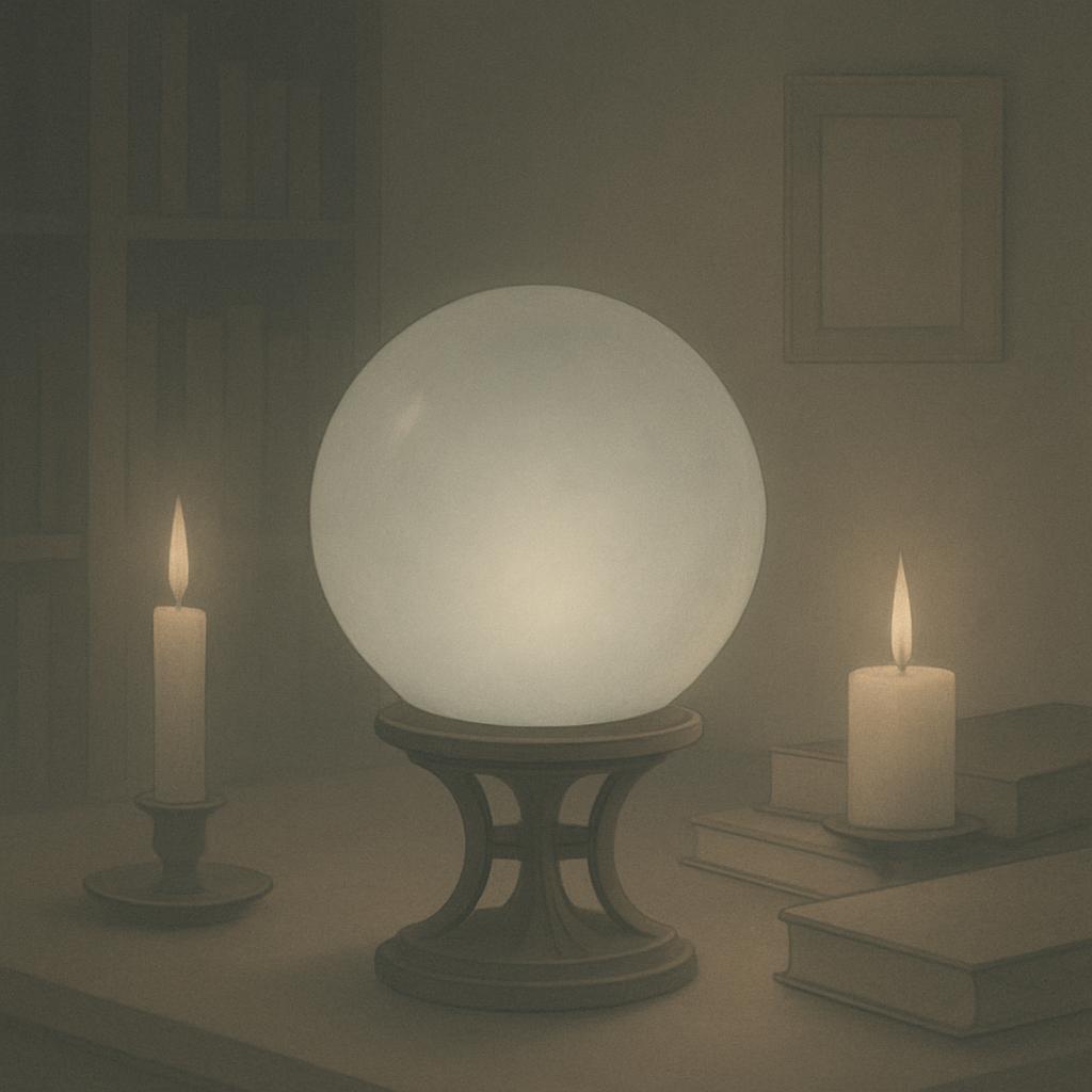 "une boule de cristal posée sur un mélange de bûcherons et d'orneman